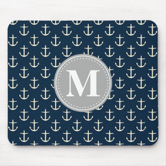 Navy Blue Cream Anchor Pattern Gray Monogram Muismat (Voorkant)