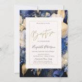 Navy Blue Cream Bloemen Doop Kaart (Voorkant)