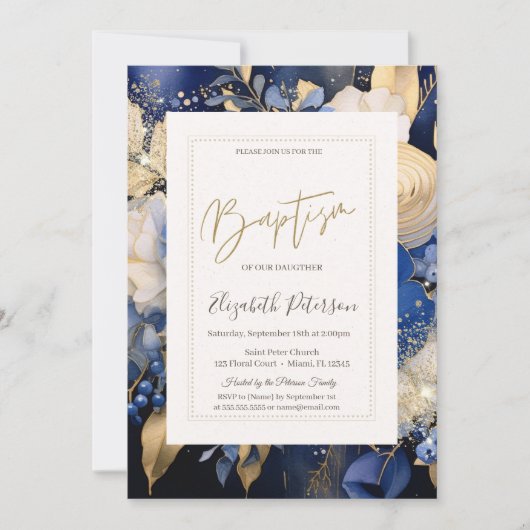 Navy Blue Cream Bloemen Doop Kaart (Voorkant)