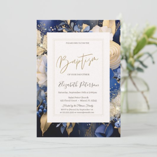 Navy Blue Cream Bloemen Doop Kaart (Staand voorkant)