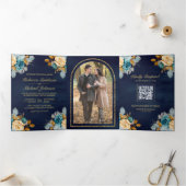 Navy Blue Cream Bloemen Goud QR Code Foto Bruiloft Drieluik Uitnodiging (Binnen)