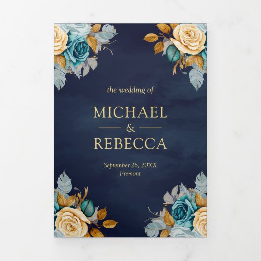 Navy Blue Cream Bloemen Goud QR Code Foto Bruiloft Drieluik Uitnodiging (Cover)