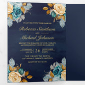 Navy Blue Cream Bloemen Goud QR Code Foto Bruiloft Drieluik Uitnodiging (Binnenzijde eerst)