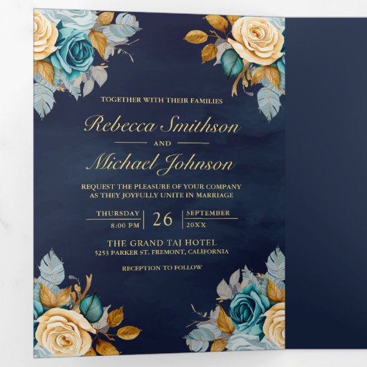 Navy Blue Cream Bloemen Goud QR Code Foto Bruiloft Drieluik Uitnodiging (Binnenzijde eerst)