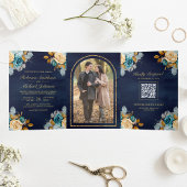 Navy Blue Cream Bloemen Goud QR Code Foto Bruiloft Drieluik Uitnodiging