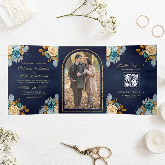 Navy Blue Cream Bloemen Goud QR Code Foto Bruiloft Drieluik Uitnodiging