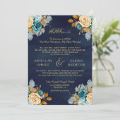 Navy Blue Cream Bloemen Goud QR Code Moslim Bruilo Kaart (Staand voorkant)
