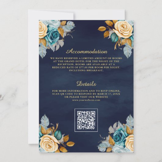 Navy Blue Cream Bloemen Goud QR Code Moslim Bruilo Kaart (Achterkant)
