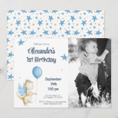 Navy Blue Cream Dragon en Balloon First Birthday Kaart (Voorkant / Achterkant)