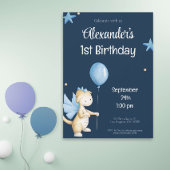 Navy Blue Cream Dragon en Balloon First Birthday Kaart