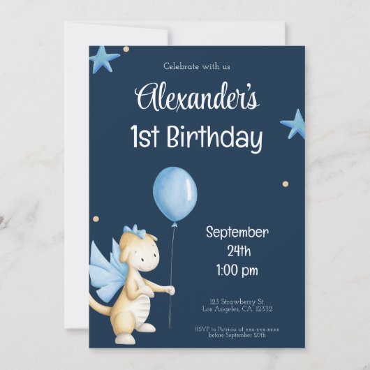 Navy Blue Cream Dragon en Balloon First Birthday Kaart (Voorkant)