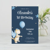 Navy Blue Cream Dragon en Balloon First Birthday Kaart (Staand voorkant)