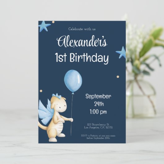 Navy Blue Cream Dragon en Balloon First Birthday Kaart (Staand voorkant)