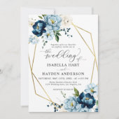 Navy Blue Cream Elegante Floral Gold Lijst Wedding Kaart (Voorkant)