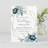 Navy Blue Cream Elegante Floral Gold Lijst Wedding Kaart (Staand voorkant)