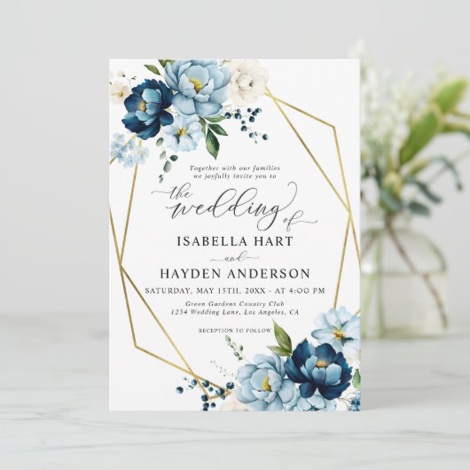 Navy Blue Cream Elegante Floral Gold Lijst Wedding Kaart (Staand voorkant)