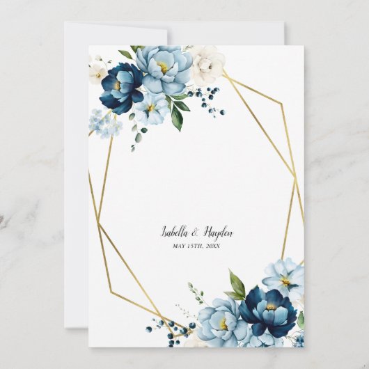 Navy Blue Cream Elegante Floral Gold Lijst Wedding Kaart (Achterkant)