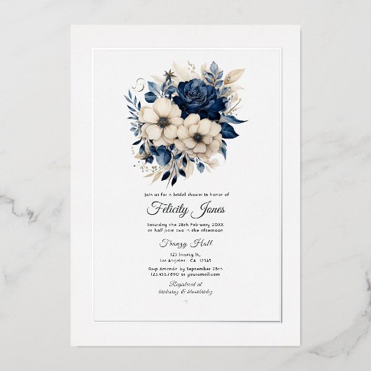 Navy Blue, Cream en Silver Floral Vrijgezellenfees Folie Uitnodiging (Voorkant)
