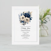 Navy Blue, Cream en Silver Floral Vrijgezellenfees Folie Uitnodiging (Staand Voorkant)