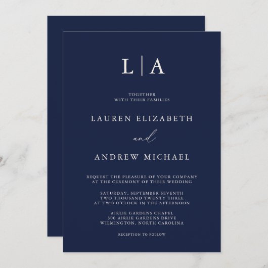 Navy Blue Cream Monogram Eenvoudig minimalistisch  Kaart (Voorkant / Achterkant)