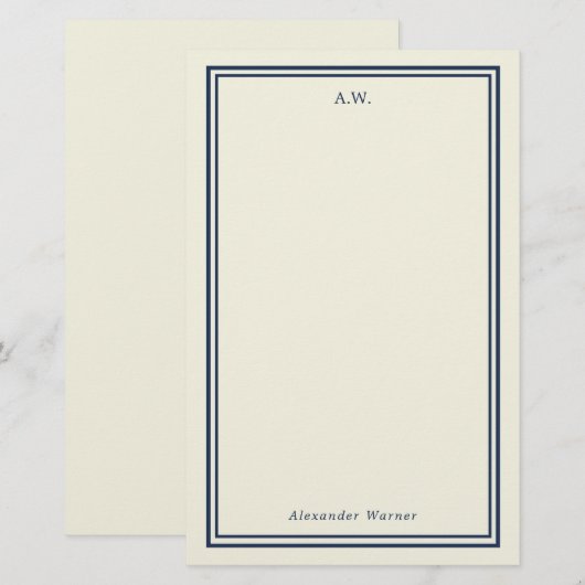 Navy Blue & Cream Monogrammed Stationery Briefpapier (Voorkant / Achterkant)