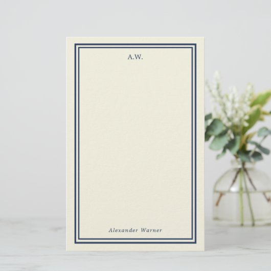 Navy Blue & Cream Monogrammed Stationery Briefpapier (Staand voorkant)