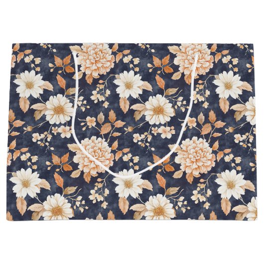 Navy Blue Cream Peach Bloemen Verjaardag Groot Cadeauzakje (Voorkant)