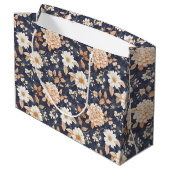 Navy Blue Cream Peach Bloemen Verjaardag Groot Cadeauzakje (Achterkant Gekanteld)