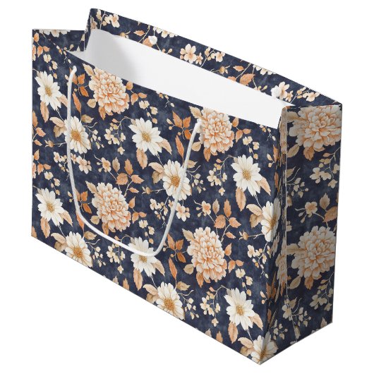 Navy Blue Cream Peach Bloemen Verjaardag Groot Cadeauzakje (Voorkant Gekanteld)