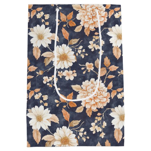 Navy Blue Cream Peach Bloemen Verjaardag Medium Cadeauzakje (Achterkant)