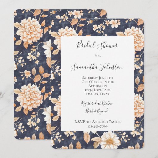 Navy Blue Cream Peach Floral Vrijgezellenfeest Kaart (Voorkant / Achterkant)