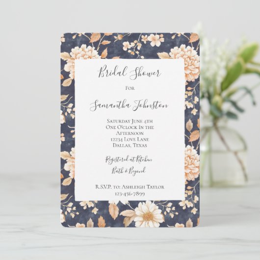 Navy Blue Cream Peach Floral Vrijgezellenfeest Kaart (Staand voorkant)