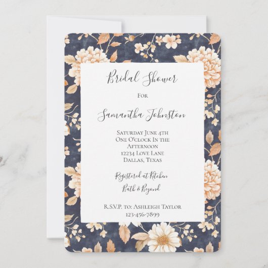 Navy Blue Cream Peach Floral Vrijgezellenfeest Kaart (Voorkant)