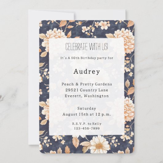 Navy Blue Cream Perzik Bloemen 50e Verjaardag Kaart (Voorkant)