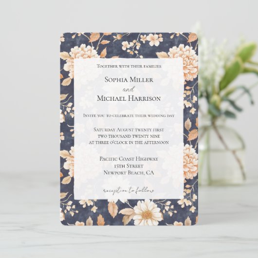 Navy Blue Cream Perzik Bloemen Huwelijk Kaart (Staand voorkant)