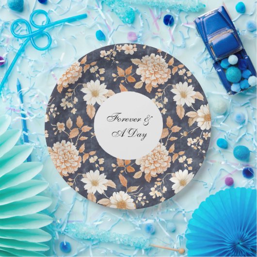 Navy Blue Cream Perzik Bloemen Huwelijk Papieren Bordje (Feest)