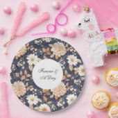 Navy Blue Cream Perzik Bloemen Huwelijk Papieren Bordje (Feest)