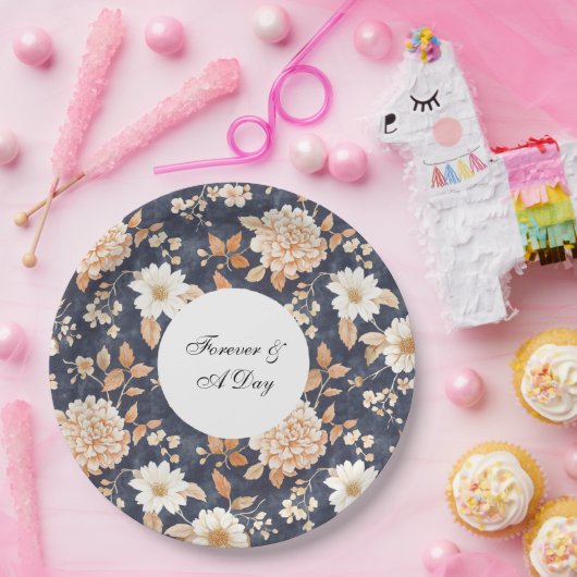 Navy Blue Cream Perzik Bloemen Huwelijk Papieren Bordje (Feest)