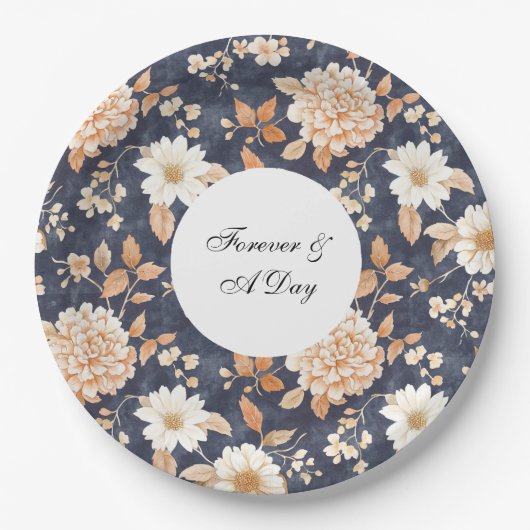 Navy Blue Cream Perzik Bloemen Huwelijk Papieren Bordje (Voorkant)