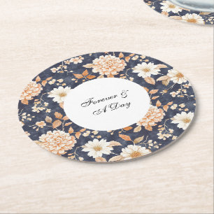 Navy Blue Cream Perzik Bloemen Huwelijk Ronde Kartonnen Onderzetter