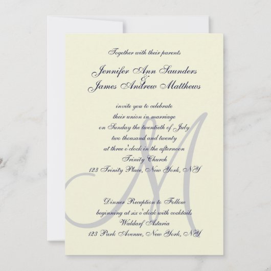 Navy Blue Cream Wedding Initiaal Kaart (Achterkant)