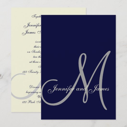Navy Blue Cream Wedding Initiaal Kaart (Voorkant / Achterkant)