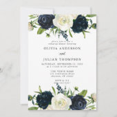 Navy Blue & Cream White Floral Rehearsal Dinner Kaart (Voorkant)
