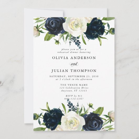 Navy Blue & Cream White Floral Rehearsal Dinner Kaart (Voorkant)