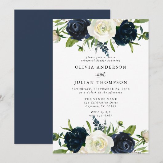 Navy Blue & Cream White Floral Rehearsal Dinner Kaart (Voorkant / Achterkant)