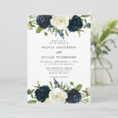 Navy Blue & Cream White Floral Waterverf Wedding Kaart (Staand voorkant)