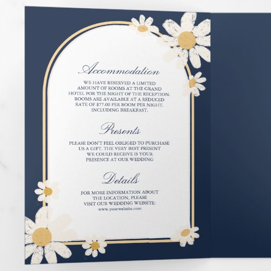 Navy Blue Cream Yellow Daisy Alles in één bruiloft Drieluik Uitnodiging (Binnenzijde eerst)