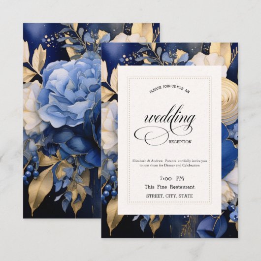 Navy Blue Crème Bloemen Oefendiner Kaart (Voorkant / Achterkant)