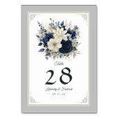 Navy Blue, Crème en Zilver Bloemenbruiloft Kaart (Voorkant)