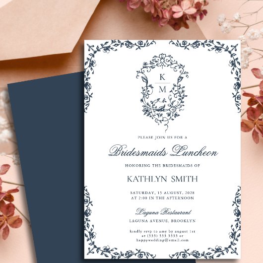 Navy Blue  Crest Bruidsmeisjes lunch Kaart